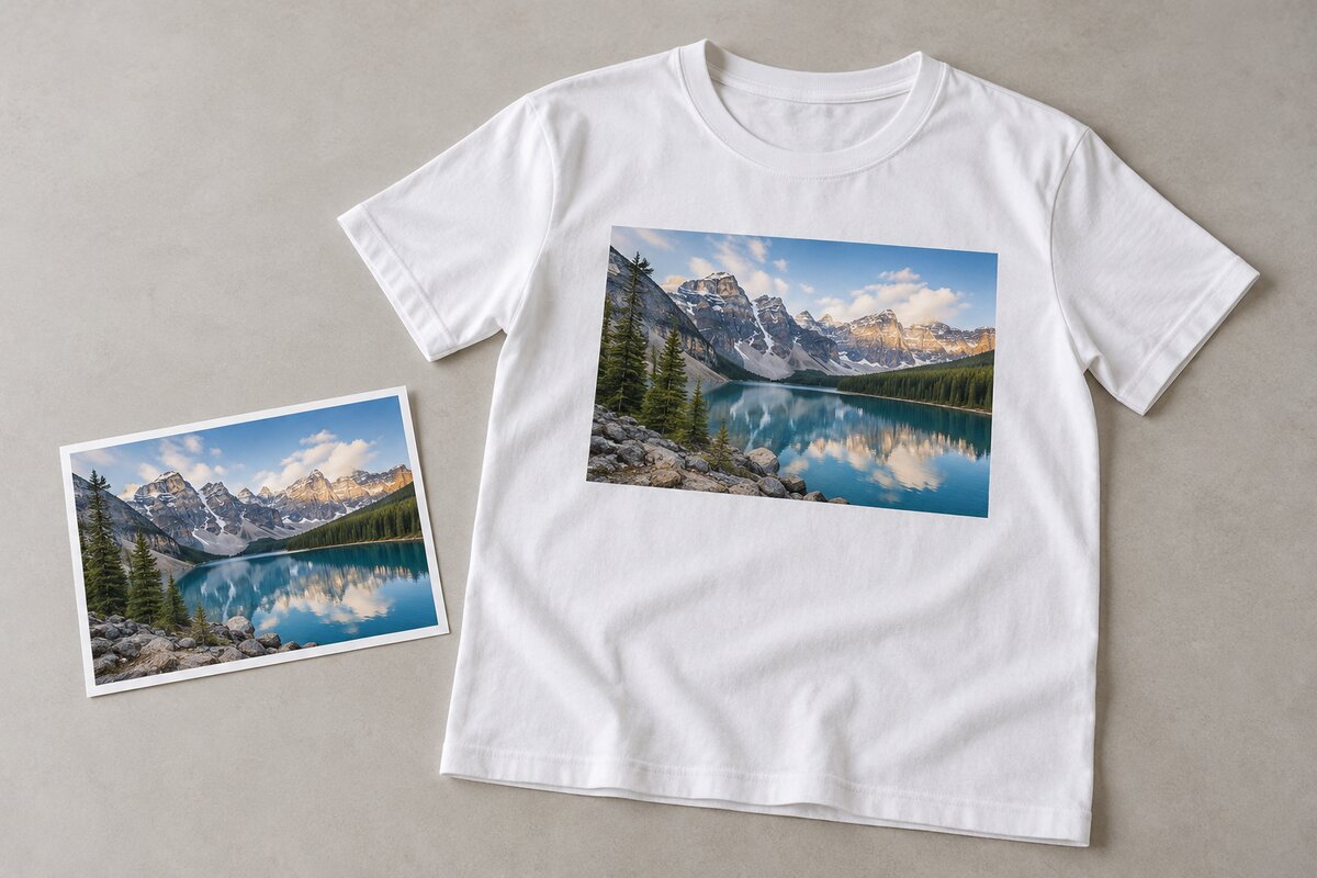 Белая футболка с пейзажным фотопринтом и фотография рядом