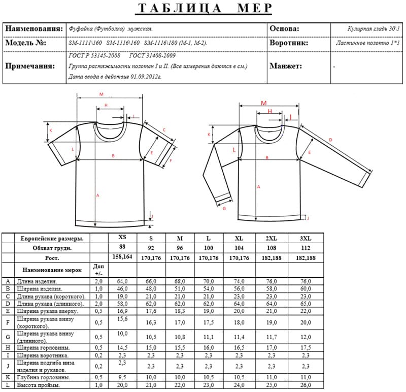 Схема размера футболки